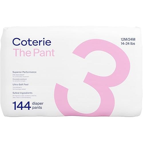 Coterie The Pant, Size 3, Pull Up Style Diapers for Sensitive Skin, Hypoallergenic, Super Absorbent Overnight Leak Protection, 12/24 M (14-24 lbs) 144 Count
