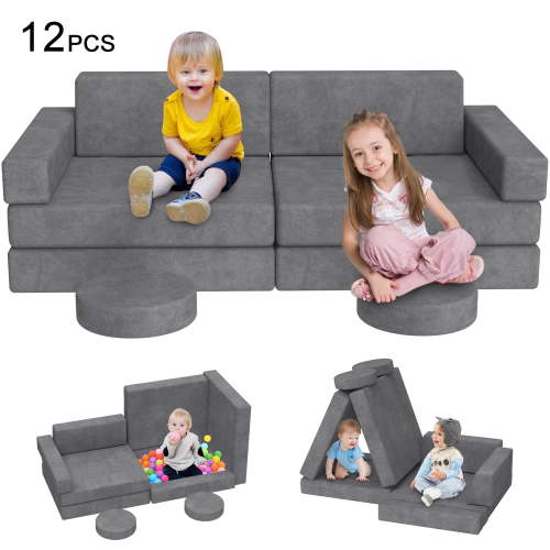 LHCER Modular Play Sofa 12pcs Play Couch Multifunctional Child Sectional Sofa for Playroom for Toddler Ages 1-3, Grey