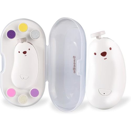 Baby Nail File Electric, Gentle Rechargeable Nail Trimmer, Baby Nail Clippers Grooming Kit Manicure Set for Infant Toddler or Adults, 6 Grinding Head Replacement Pads White