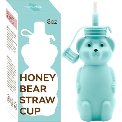 Honey Bear Silicone Straw Cup, Babies Water Drinking Cup, 8-Ounce Therapy Sippy Bottles for Speech and Feeding Training, BPA Free & Dishwasher Safe (AQUA)
