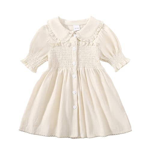 YWFSHOP Baby Girls Dresses Ballon Sleeve Peter Pan Collar Vintage Toddler Girl Cotton Linen Dresses