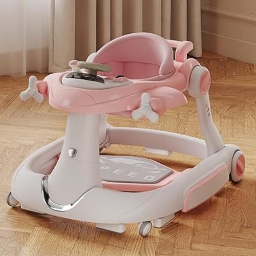 Kinder King 8-in-1 Baby Walker with Music & Lights, 3 Level Adjustable Height, Foldable Toddler Walker with Speed Adjustable Wheels, Easy to Clean, Baby Walkers for Boys & Girls 6-18 Months