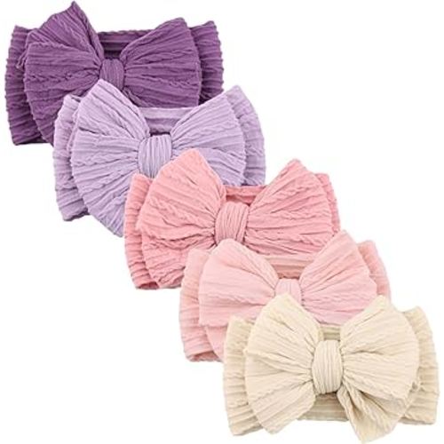 DRESHOW BQUBO Handmade Baby Headbands Soft & Stretchy Hair Bands with Bows Nylon Bows Hairbands for Girls Newborn Infant Toddlers Hair Accessories 5 pack