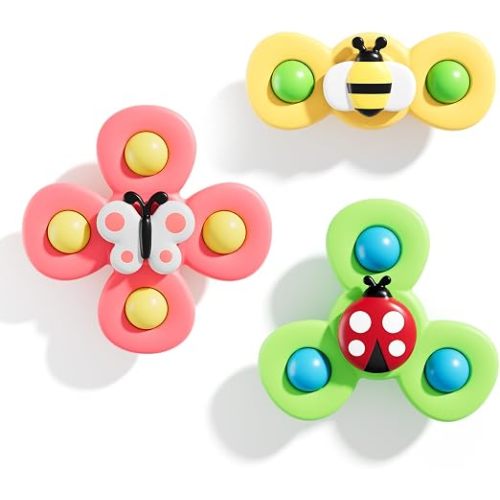 3PCS Suction Cup Spinner Toys for 1 Year Old Boy Girl|Spinning Top 12 18 Months|1 2 Year Old Boy Birthday Gift|Baby Bath Toy for Kids Ages 1-3|Sensory Airplane Travel Toy for Infant Toddlers