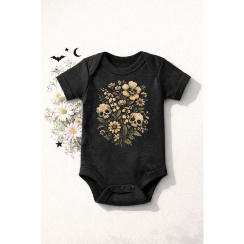 Gothic Floral Baby Bodysuit – Skull Flower Bouquet Infant Onesie – Dark Cottagecore Apothecary Aesthetic Baby Outfit