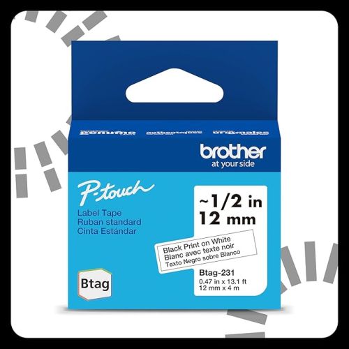Brother Genuine P-Touch Btag BTAG231 Black on White Label Tape ~1/2in by 13.1ft (12mm x 4m). (Works Only with Brother PT-N10, PT-N20, PT-N25BT Label Makers)
