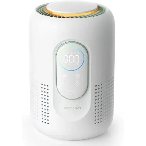 Momcozy Nursery Air Purifier, 4-Filter System with H13 HEPA & Carbon, Real-Time PM2.5 Air Quality Monitor & Display with 3-Color Status, Baby Air Purifier with 21 dB Sleep Mode, Dimmable Night Light