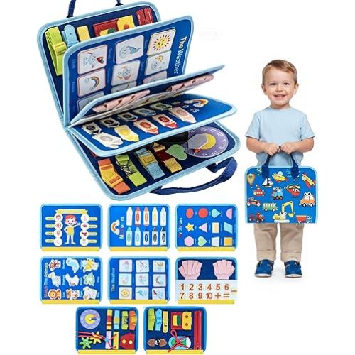 Busy Board for 1 Year Old, Busy Book for Toddlers 1-3, Montessori Toys for 1 Year Old, Educational Sensory Activities Learning Toy Fine Motor Skills, Travel Toy for Airplane or Car, Boy Birthday Gifts