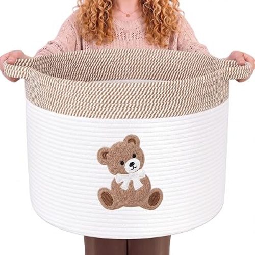 LemonRoad Large Woven Bear Basket, Cotton Rope, Bear, Brown White