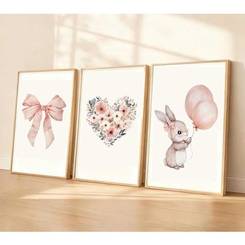 3 Pcs Bunny Wall Art, Cute Wildflower Love Poster Prints, Pink Bow Canvas, 16x24 Unframed, for Girls Baby Nursery Decor