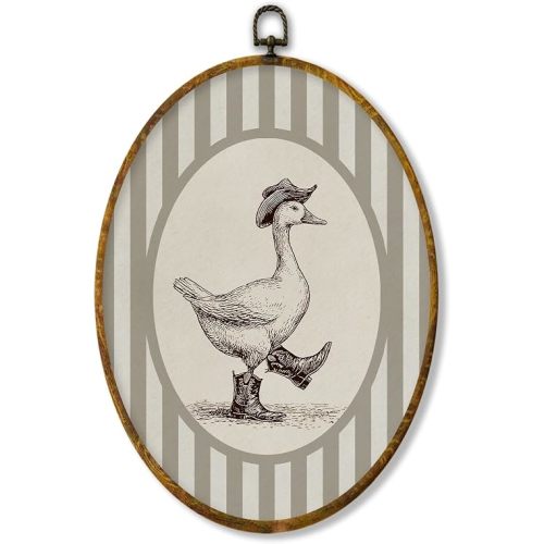 XPH 1261- Western Cowboy Goose Nursery Oval Wall Art Framed, Goose Nursery Oval Wall Decor, Neutral Striped Cowboy Hanging Canvas Prints for Home Kids Boy Nursery Room Bedroom Playroom Decoration, 8.6x11.4 Inch
