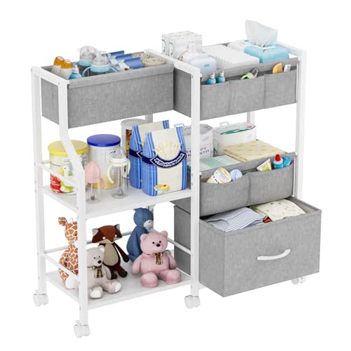 Novvia Baby Diaper Caddy Organizer and Storage, 3 Tier Rolling Cart with Dividers and Drawers, Mobile Utility Cart with Wheels for Nursery, Bedroom, Baby Newborn Essentials Storage Cart, White
