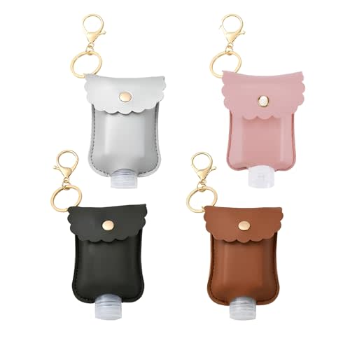 4 Packs Small Hand Sanitizer Holder Mini Hand Sanitizer Holder for Car Keychain Portable Leather Empty Bottles (Black, Pink, Grey, Brown)