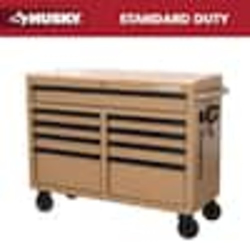 Husky Standard Duty 46 in. W x 18 in. D 9-Drawer Gloss Tan Mobile Workbench Cabinet with Solid Wood Top H46X18MWC9TAN