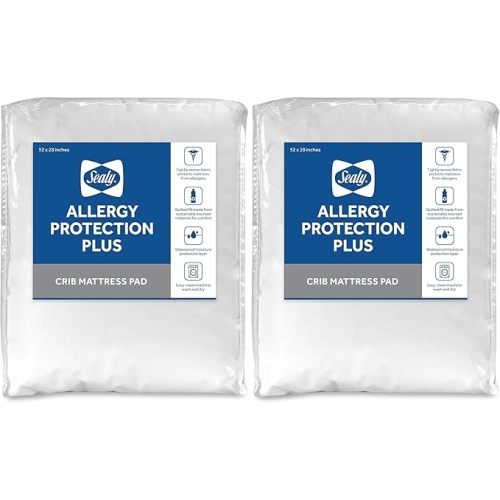 Sealy Baby Allergy Protection Plus Fitted Waterproof Infant Crib Mattress Protector Pad and Toddler Bed Cover, Durable & Comfortable Topper, Machine Washable and Dryer Friendly, 52” x 28”- White