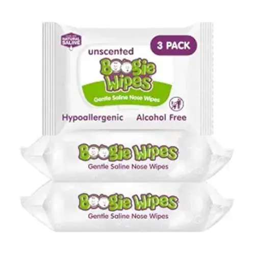 Boogie Wipes Saline Nose Wipes - 90 Count - Unscented, Hypoallergenic & Alcohol-Free - Allergy Relief - Made with Natural Saline, Aloe, Chamomile & Vitamin E - Diaper Bag Essential