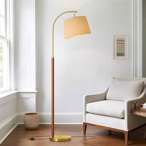 G-SAFAVA Real Wood Floor Lamps for Living Room Bedroom, 62.5" Mid Century Modern Lamp Gold Standing Tall Arc Lamps with Foot Switch, Floor Lamps for Nursery Office Decor Corner Reading Room Light