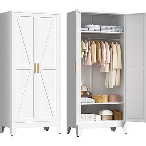 71" Tall Metal Wardrobe Closet with Adjustable Shelves and Hanging Rod, 2 Doors Free Standing Armoire Wardrobe Cabinet for Bedroom, Office, Laundry Room, White