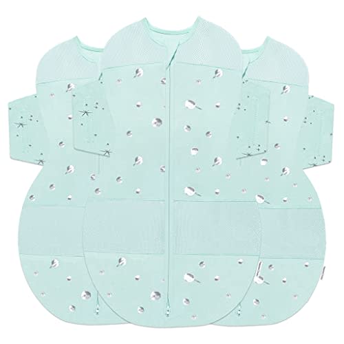 Happiest Baby SNOO Sleep Sack - 100% Organic Cotton Baby Swaddle Blanket - Doctor Designed Promotes Healthy Hip Development - 3-Pack Bundle (Teal Planets, S, M, L)