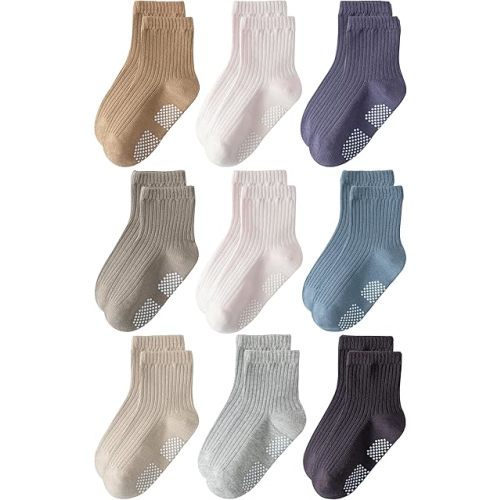 Toddler Grip Socks Non Slip Crew Socks Cute Seamless Cotton Socks for Baby Boys Girls Infants Kids 9 Pairs