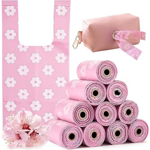 On-The-Go Sanitary Napkin Disposal Bags Cherry Sakura Scented Trash Bag with Pink Dispenser 0.5 Gallon, Disposable feminine Period Disposal Bags, Fits Tampons, Sanitary Napkins, Diapers, 150 Pcs