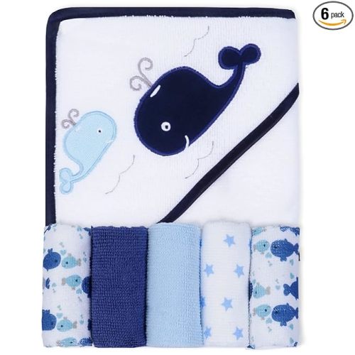 Viviland Baby Towels and Washcloths, Soft Absorbent Baby Boy Bath Towel Set, Whale Hooded Towels with 5 Infant Washcloths,(6 Pieces)