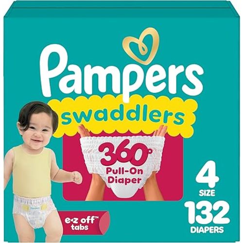 Pampers Diapers - Swaddlers 360° - Size 4, 132 Count, up to 100% Leakproof Comfy Dry Fit, Designed for Easy Changes, Pull On Baby Diaper (Packaging May Vary)