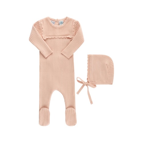 Ruffled Yoke Rib Footie & Bonnet Set, 0-3M