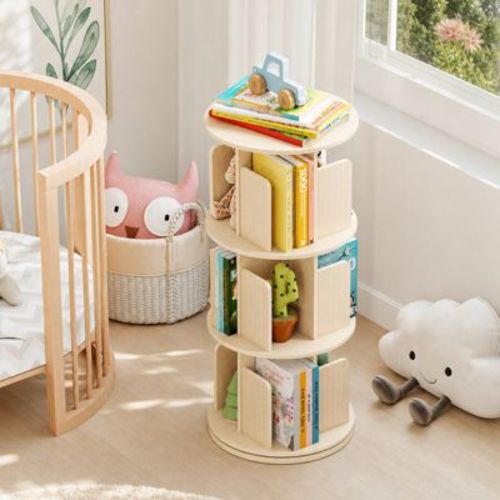 3-Tier Rotating Bookshelf 360 Degree Spinning Bookcase with Shelf Dividers, Natural and White