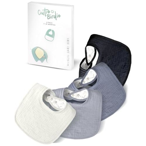 Cutie Birdie Muslin Baby Bibs for Unisex Girls & Boys- 4-Pack 100% Cotton Baby Bibs for Drooling and Teething, 0-36 months, Baby boy gifts, Baby shower gifts
