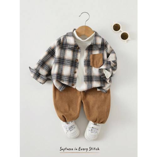 Cozy Pixies 2pcs Baby Boy Colorful Plaid Collar Contrast Pocket Long Sleeve Cardigan & Solid Elastic Waist Ankle Pants Set
