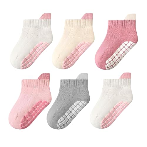 EUFANCE Toddler Non Slip Grip Ankle Socks with Grippers Cute Seamless for Baby Boys Girls Infants Kids 6 Pairs