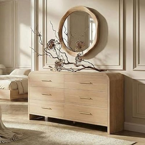 Curved 6-Drawer Dresser for Bedroom, 54" Wide Modern Chest of Drawers, Vanity Desk TV Stand for Living Room, Closet Storage Drawers Organizer Furniture, Nursery, Hallway, Oak
