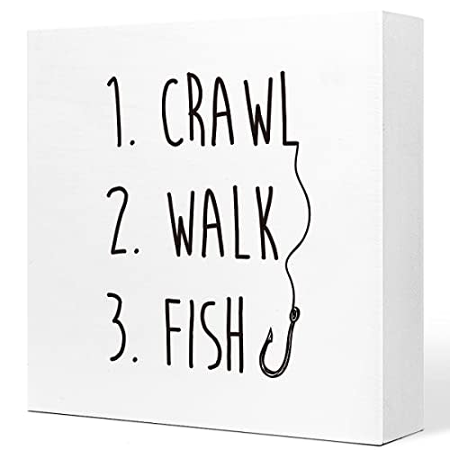 Crawl Walk Fish Rustic Wooden Sign Desk Decor,Funny Baby Fishing Wood Block Sign Desk Decorations for Home Bedroom Baby Room Desk Shelf Table Decor