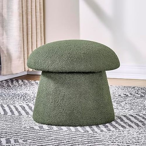 Crestview Collection 15" Mushroom Ottoman with Storage, Round Foot Rest for Couch, Boucle Fabric Small Mordern Footstool for Vanity, Bedroom, Living Room,Under Desk,Dark Green