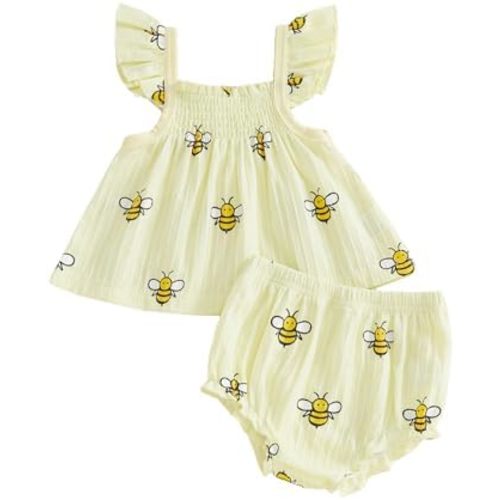 Toddler Baby Girl Summer Clothes Bee Print Ruffle Flying Sleeve Dress Tank Tops Bloomers Shorts Set Infant Outfit