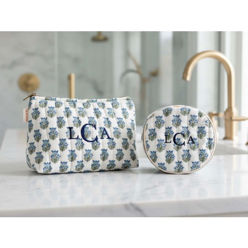 Block Print Toiletry Bag Set Monogram Cotton Pouch Travel Organizer Cosmetic Case Embroidered Toiletry Set Customizable Bathroom Storage