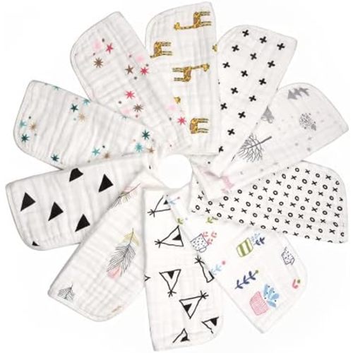 Organic Muslin Baby Washcloths - Pack of 10-100% Cotton Face Towels for Newborn and Adults - Large Size Reusable Infant Wipes for Sensitive Skin - With Storage and Laundry Bags