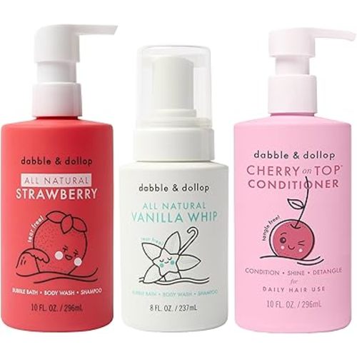 Dabble & Dollop Berry Kids Bath & Hair Care Set – Tear-Free 3-in-1 Body Wash, Shampoo & Bubble Bath + Conditioner, Paraben & Sulfate Free, Vegan, Gluten-Free, Strawberry, Vanilla & Cherry (Pack of 3)