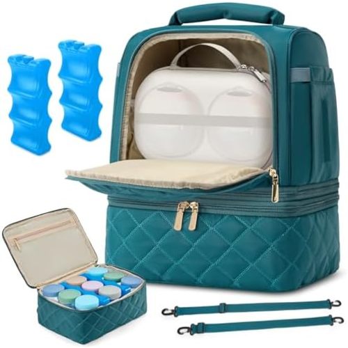 RAINSMORE Wearable Breast Pump Bag, Willow/Eufy/Elvie/Spectra/Medela/Momcozy M5/S12 Pro, Breast Milk Cooler Travel Bag with Cooler Compartment & Ice Pack, Dark Green
