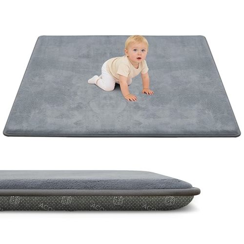 ACOMOPACK 1.3" Thick Baby Play Mat for Floor 59x71-Large Water-Repellent&Non-Slip Memory Foam Mat for Kids,Toddlers,Soft Velvet Nursery Rug for Tummy Time&Crawling,Yoga,Tatami Style(Grey)