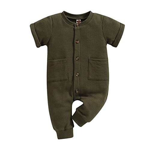 Ynibbim Winter Newborn Baby Boy Girl Solid Romper Unisex Infants Hooded Outfit Clothes Waffle Cotton Button Jumpsuits