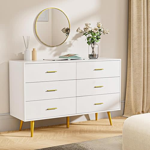 White 6 Drawer Dresser for Bedroom, 47" Wood Dresser with Gold Handles. | Modern Dressers & Chests of Drawers for Hallway, Entryway