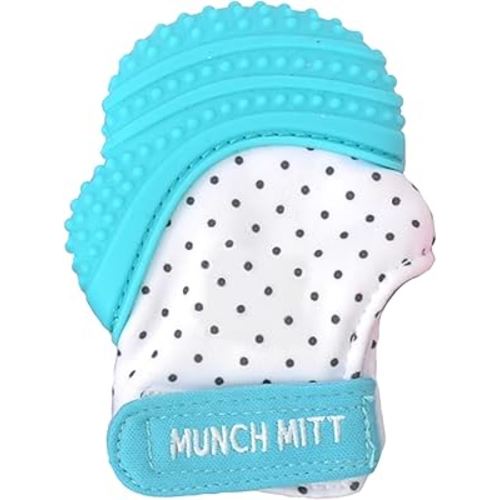 Malarkey Kids Patented Teething Mitten, Munch Mitt Baby Chew Toy - Protects Hands from Chewing & Saliva, Heals Aching Gums, Promotes Sound & Visual Stimulation for Babies - Aqua Polka Dot