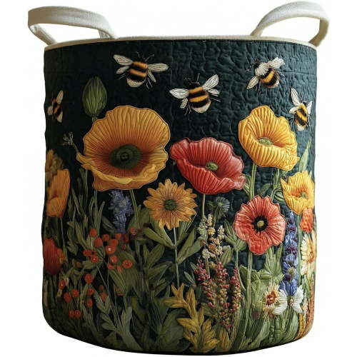 Quilted Laundry Basket Boho Fabric Floral Storage Hamper for Nursery Bedroom Laundry Room Clothes Toys (Sunflower)