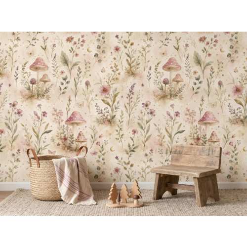 Whimsical Mushroom Wallpaper, Cottagecore Nursery Wallpaper, Fairy Garden Floral Wall Mural, Vintage Botanical Kids Room Decor