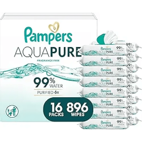 Pampers Aqua Pure Baby Wipes, 99% Water, Fragrance Free, Unscented, Water Based, Multi-Use, 896 Wipes Total (16X Flip-Top Packs) [Packaging May Vary]