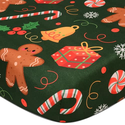 Christmas Crib Sheet, Fitted Crib Sheet with Christmas Bell, Cane, Gingerbread Man, Measuring 52'' x 28'' to fit Standard Crib & Toddler Mattresses, Green