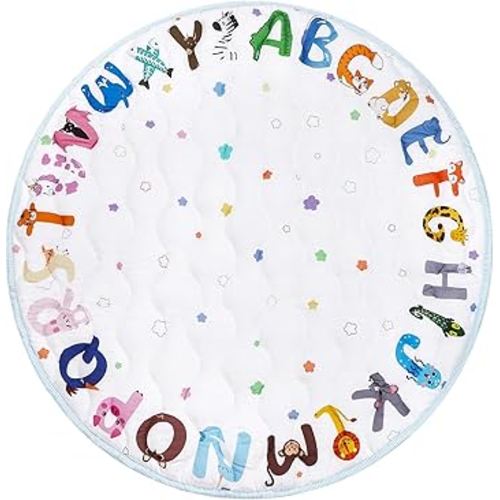 Round Baby Play Mat 40 x 40, Thicker Baby Crawling Mat, Non-Slip Baby Playmat for Floor, Foldable and Machine Washable Baby Floor Mat, Animal Alphabets