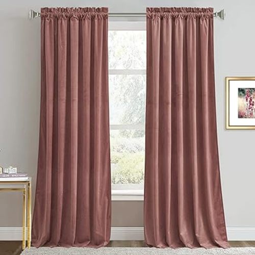 RYB HOME Mauve Velvet Curtains 84 inch Length Room Darkening Large Window Covering Silk Hand Feel Privacy Velvet Vertical Shade for Nursery Playroom Bedroom, W52 x L84 inches,Wild Rose Pink, 2 Panels